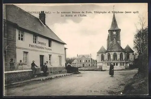 AK Isneauville, Le nouveau Bureau de Poste, Télégraphe et Téléphone, La Mairie et L`Eglise