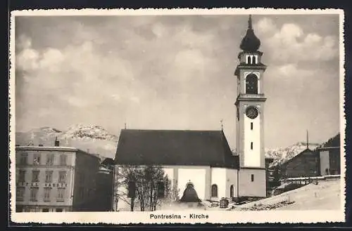 AK Pontresina, Kirche und Hotel Saratz im Winter