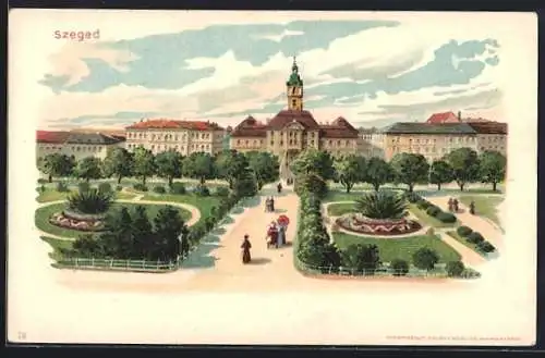 Künstler-Lithographie Richard Hegedüs-Geiger: Szeged, Schloss mit Anlagen