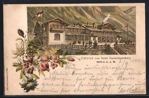 Lithographie Puchberg am Schneeberg, Gruss vom Hotel Hochschneeberg, Blumenranke