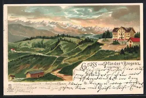 Lithographie Bregenz, Gruss vom Pfänder in der Dämmerung