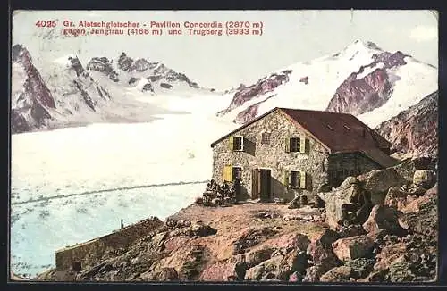 AK Pavillon Concordia auf dem Grosser Aletschgletscher gegen Jungfrau u. Trugberg, Berghütte