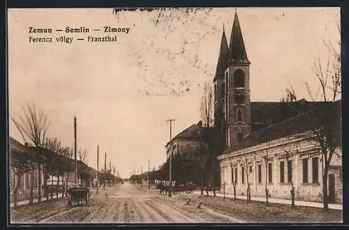 AK Semlin, Strassenpartie Franzthal mit Kirche