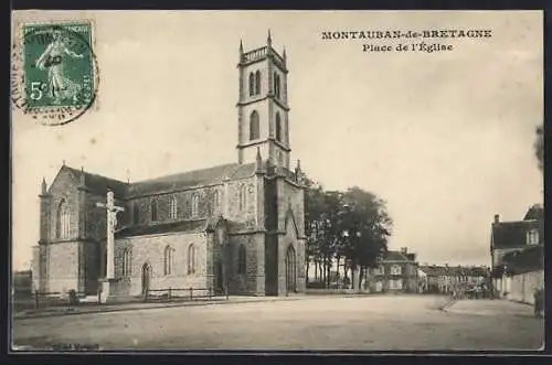 AK Montauban-de-Bretagne, Place de l`Église et vue de l`église monumentale