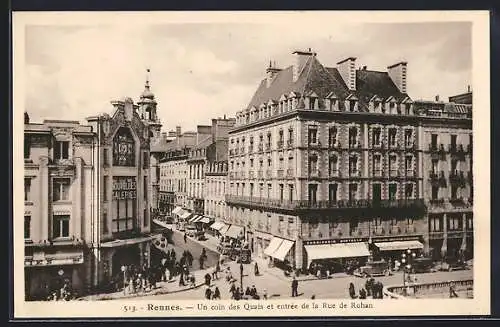 AK Rennes, Un coin des Quais et entrée de la Rue de Rohan