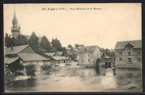 AK Acigné, Vue Générale et le Moulin