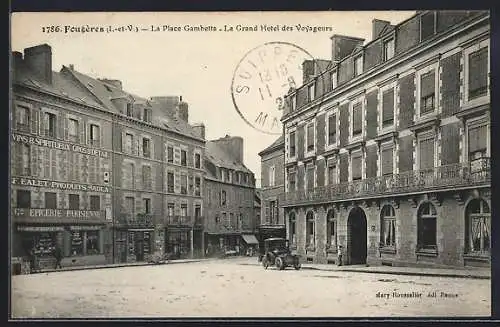 AK Fougères, La Place Gambetta, Le Grand Hôtel des Voyageurs