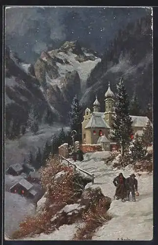 Künstler-AK Theo Stroefer Serie Nr. 1550: Kirche im Winter in den Bergen