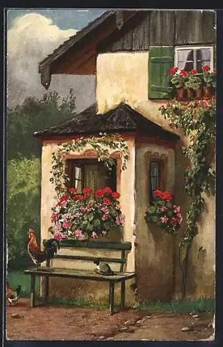 Künstler-AK Theo Stroefer Serie Nr. 736: Haus mit Blumen an den Fenstern