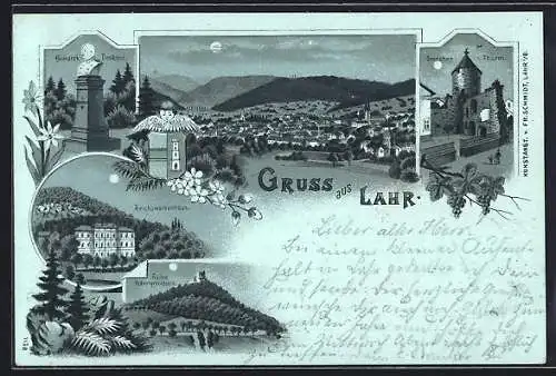 Mondschein-Lithographie Lahr / Baden, Reichswaisenhaus, Ruine Hohengeroldseck und Storchenturm