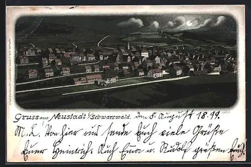 Lithographie Neustadt / Schwarzwald, Panorama bei Vollmond