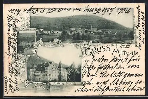 AK Mitwitz, Unteres Schloss, Gasthaus und Ortsansicht