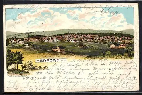 Lithographie Herford i. Westf., Panorama der Ortschaft