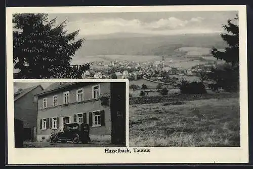 AK Hasselbach /Taunus, Gasthaus zur Krone, Bes. Josef Müller und Ortsansicht