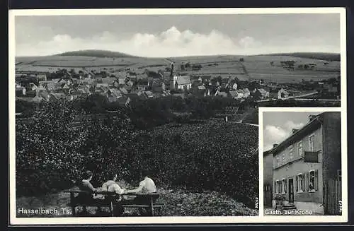 AK Hasselbach /Ts., Gasthaus zur Krone von G. Müller und Ortsansicht