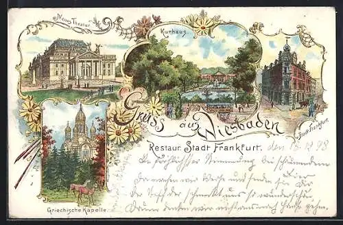 Lithographie Wiesbaden, Restaurant Stadt Frankfurt, Kurhaus, Griechische Kapelle