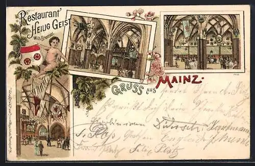 Lithographie Mainz, Restaurant Heilig Geist v. Wilh. Bremser, Innenansichten