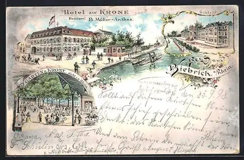 Lithographie Biebrich a. Rhein, Hotel zur Krone, Bes. B. Müller-Anthes, Garten und Schloss