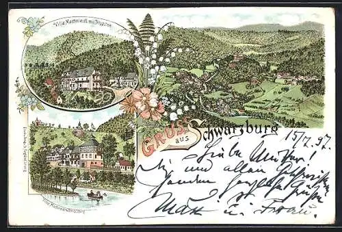 Lithographie Schwarzburg, Villa Macheleidt mit Trippstein und Schlossberg