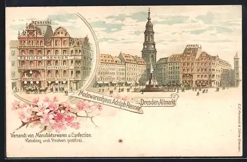 Lithographie Dresden, Blick auf das Kaufhaus-Renner