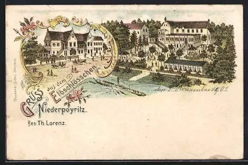 Lithographie Dresden-Niederpoyritz, Gasthaus Elbschlösschen von Th. Lorenz