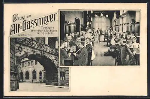 AK Dresden, Gasthaus Alt-Gassmeyer, Schlossstrasse 21, Eingang und Innenansicht