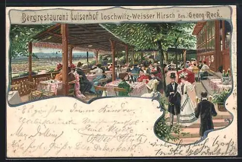 Lithographie Loschwitz-Weisser Hirsch, Bergrestaurant Luisenhof, Bes. Georg Reck, Sitze auf der Terrasse