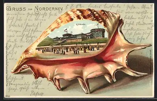 Passepartout-Lithographie Norderney, Strand mit Giftbude in einer Muschel