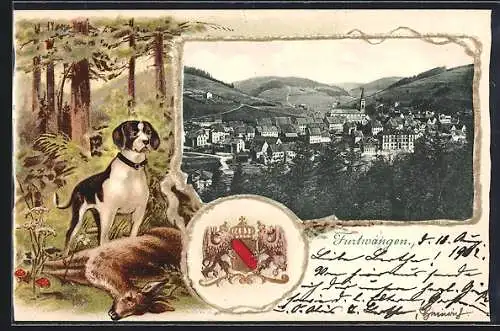 Passepartout-Lithographie Furtwangen, Ortsansicht vom Wald aus, Jagdhund steht über erlegtem Reh