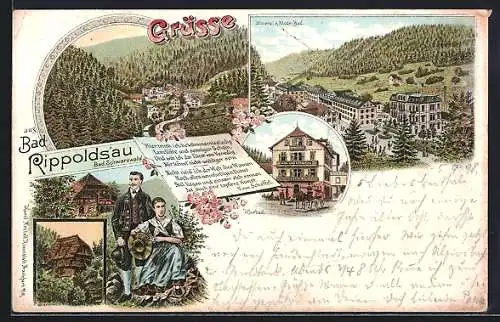 Lithographie Rippoldsau /Bad. Schwarzwald, Mineral u. Moorbad, Bauernhaus und Ortsansicht