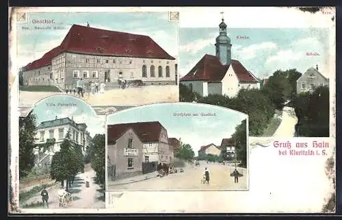 AK Hain / Kieritzsch, Gasthof von Reinhold Kühn, Villa Patzschke und Kirche