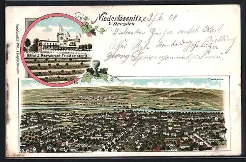 Lithographie Niederlössnitz b. Dresden, Hotel Restaurant Friedensburg und Ansicht aus der Vogelschau