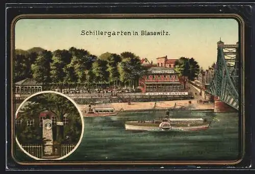 AK Dresden-Blasewitz, Gasthaus Schillergarten und Denkmal