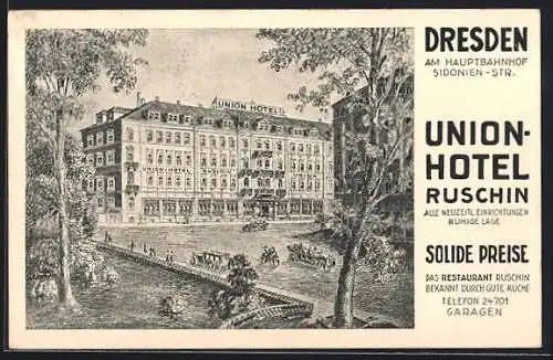 AK Dresden, Union-Hotel Ruschin, Am Hauptbahnhof, Sidonienstrasse, Aussenansicht