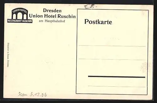 AK Dresden, Union-Hotel Ruschin, Am Hauptbahnhof, Sidonienstrasse, Aussenansicht