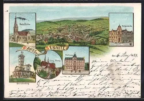 Lithographie Sebnitz, Kath. Kirche, Grenadierburg und Rathaus