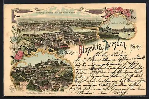 Lithographie Dresden-Blasewitz, Ortsansicht mit dem Blauen Wunder, Drahtseilbahn Loschwitz