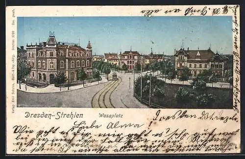 Goldfenster-AK Dresden-Strehlen, Wasaplatz, Gebäude mit leuchtenden Fenstern