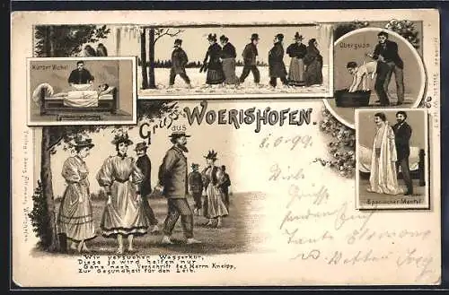 Lithographie Wörishofen, Badepraktiken, Kurzer Wickel, Oberguss und Spanischer Mantel