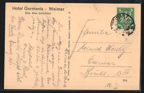 AK Weimar / Thüringen, Hotel Germania, Bes. Max Schröder, Ansicht von der Strasse aus