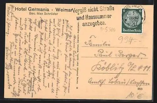 AK Weimar / Thüringen, Hotel Germania, Bes. Max Schröder, Ansicht von der Strasse aus