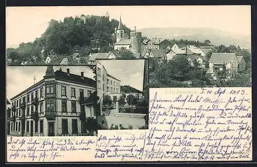 AK Lindenfels, Hotel Odenwald, Garten und Ortsansicht mit Burg