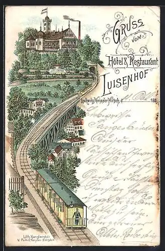 Lithographie Weisser Hirsch, Hotel & Restaurant Luisenhof und die Bergbahn