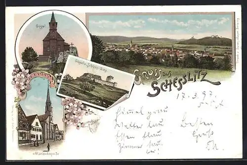 Lithographie Schesslitz, Ortsansicht, Gügel, Burgruine Giech, Marienkapelle