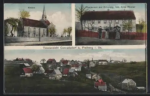 AK Conradsdorf, Kirche, Restaurant zur Erholung, Totalansicht