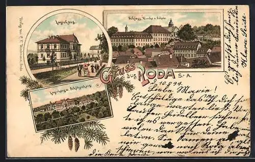 Lithographie Roda / S.A., Logierhaus mit Schützenhaus, Schloss mit Kirche und Schule