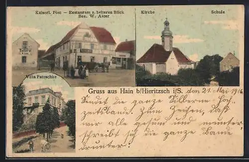 AK Hain / Kieritzsch, Kaiserl. Post-Restaurant z. heiteren Blick v. W. Aster, Kirche, Schule, Villa Patzschke