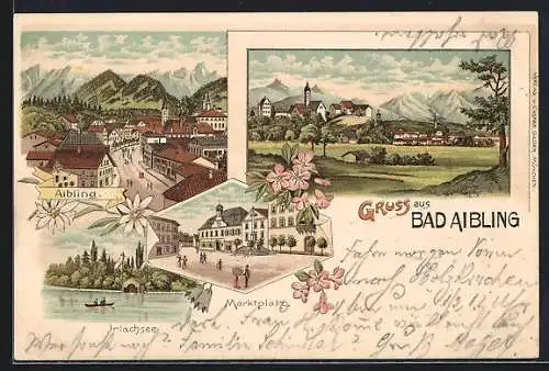 Lithographie Bad Aibling, Strassenpartie im Ort von oben, Irlachsee, Marktplatz