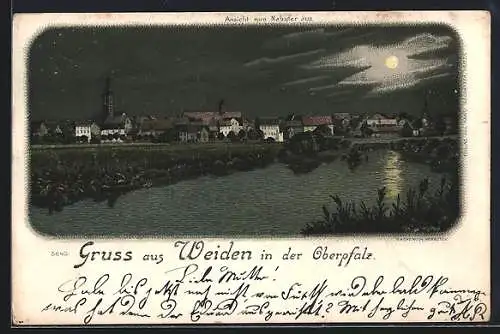 Lithographie Weiden in der Oberpfalz, Ortsansicht vom Nabufer aus