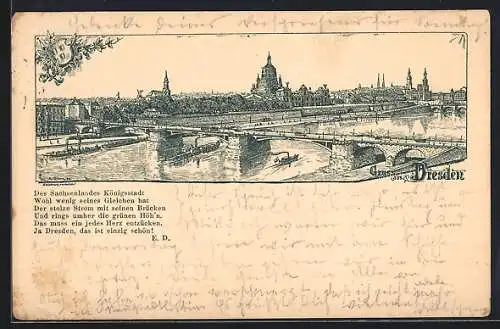 Lithographie Dresden, Panoramablick über die Elbe